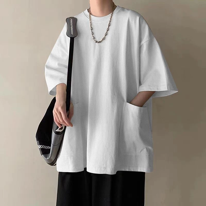 大口袋T恤男生短袖夏季上衣服潮牌百搭設計感小衆重磅冰絲五分袖