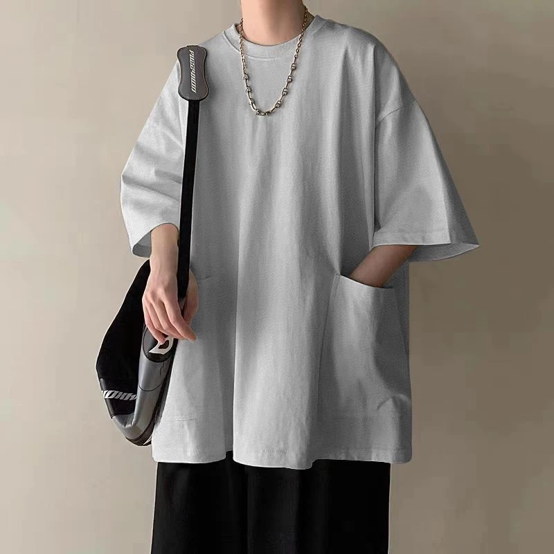 大口袋T恤男生短袖夏季上衣服潮牌百搭設計感小衆重磅冰絲五分袖